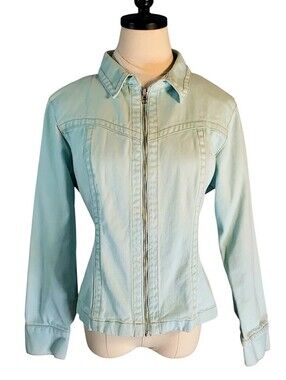 CAbi #254 Light Aqua Denim Trucker Zip-Front Upcycled Jacket L Skull Festival